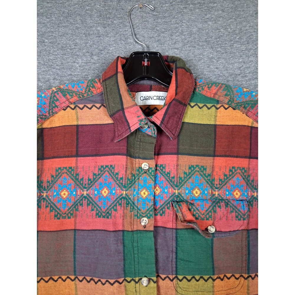 Cabin Creek Womens Shirt Large Aztec Embroidered Plaid Flannel Western Tribal